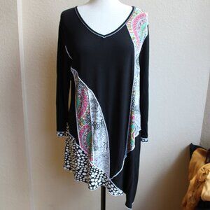 Parsley and Sage Black With Print Jersey Knit Pull Over Tunic  XL Stylish